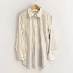 Soft Surroundings White Tunic Blouse M Button Front Long Sleeve Cuff Detail NEW